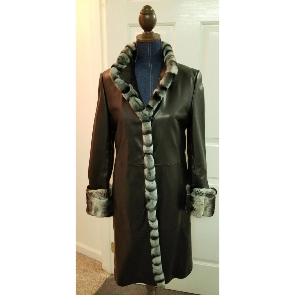🔻REDUCED❣ NWT Tibor Black Leather Chinchilla Rex Rabbit Trim Convertible Coat❣❤